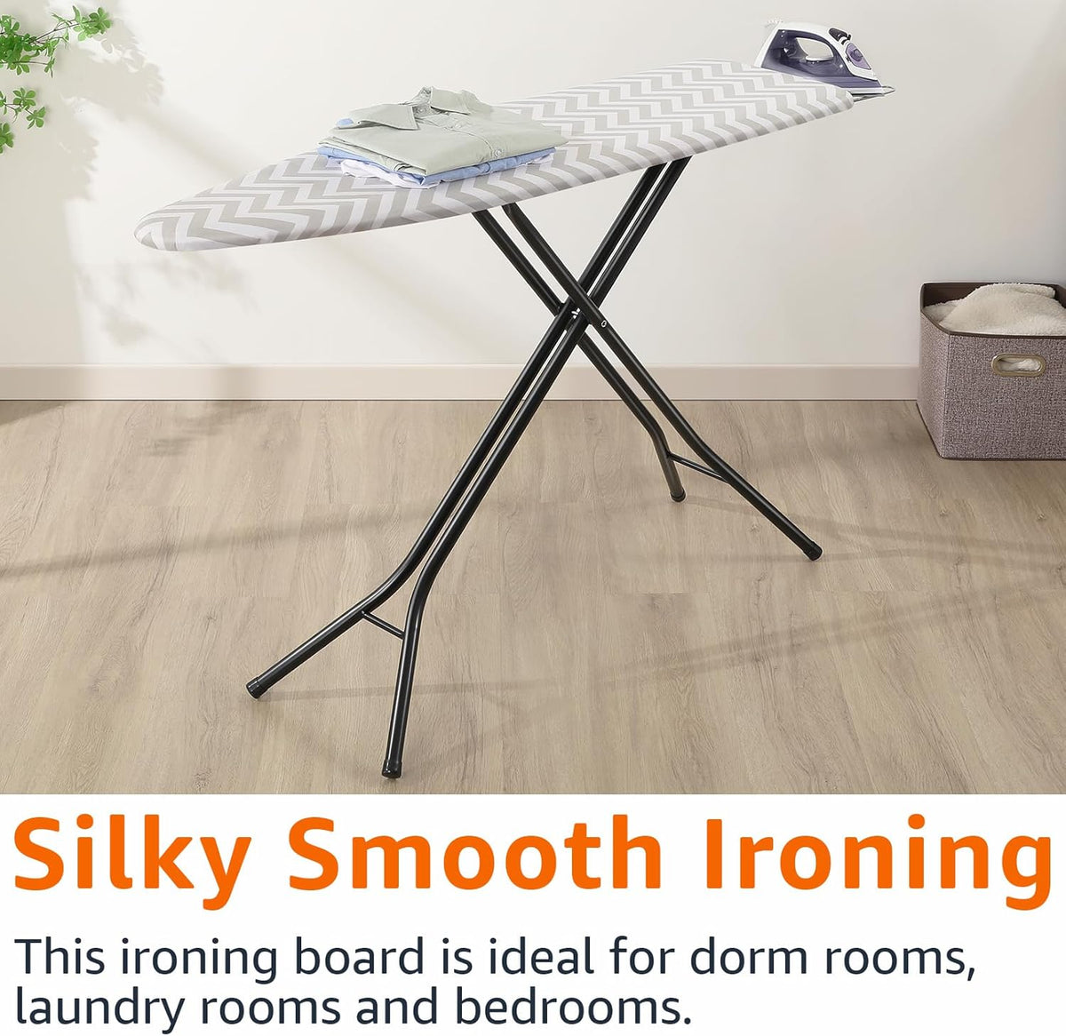 Amazon Basics Height Adjustable Full-Size Foldable Ironing Board, 4-Leg Fold-Up, Chevron Removable Cover, 60" x 14" x 38"