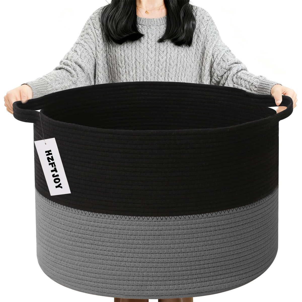 Large Woven Blanket Basket,65L Cotton Rope Laundry Basket