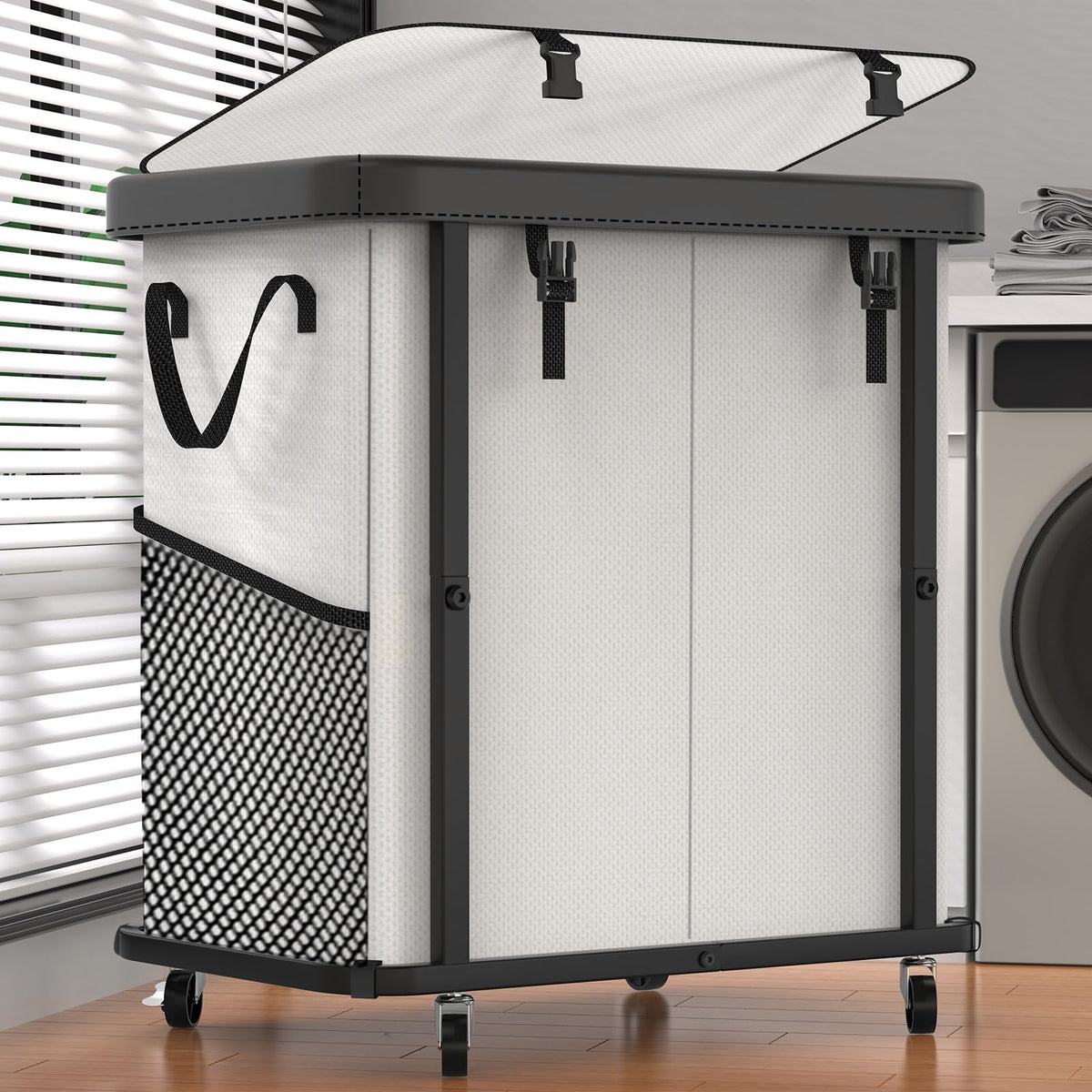 Laundry Hamper with Wheels,150L Leather Patchwork Clothes Hamper Black