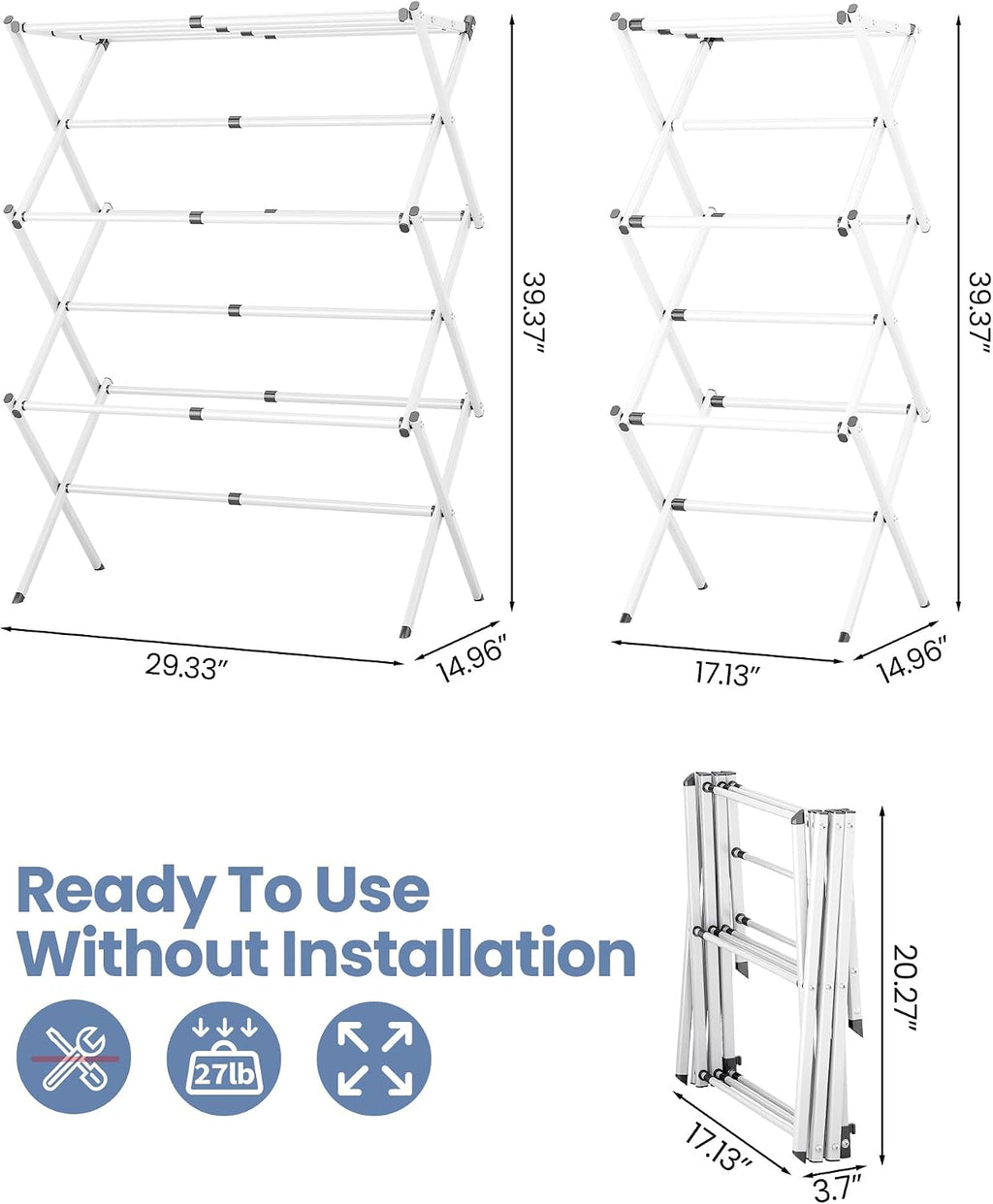 APEXCHASER Oversize 3-Tier Clothes Drying Rack, No Install, White