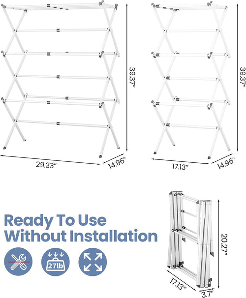 APEXCHASER Oversize 3-Tier Clothes Drying Rack, No Install, White