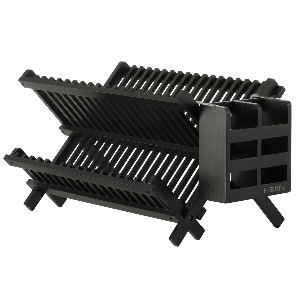 HBlife Dish Rack, Bamboo Folding 2-Tier Collapsible Drainer Dish Drying Rack with Utensils Flatware Holder Set (Dish Rack with Utensil Holder)