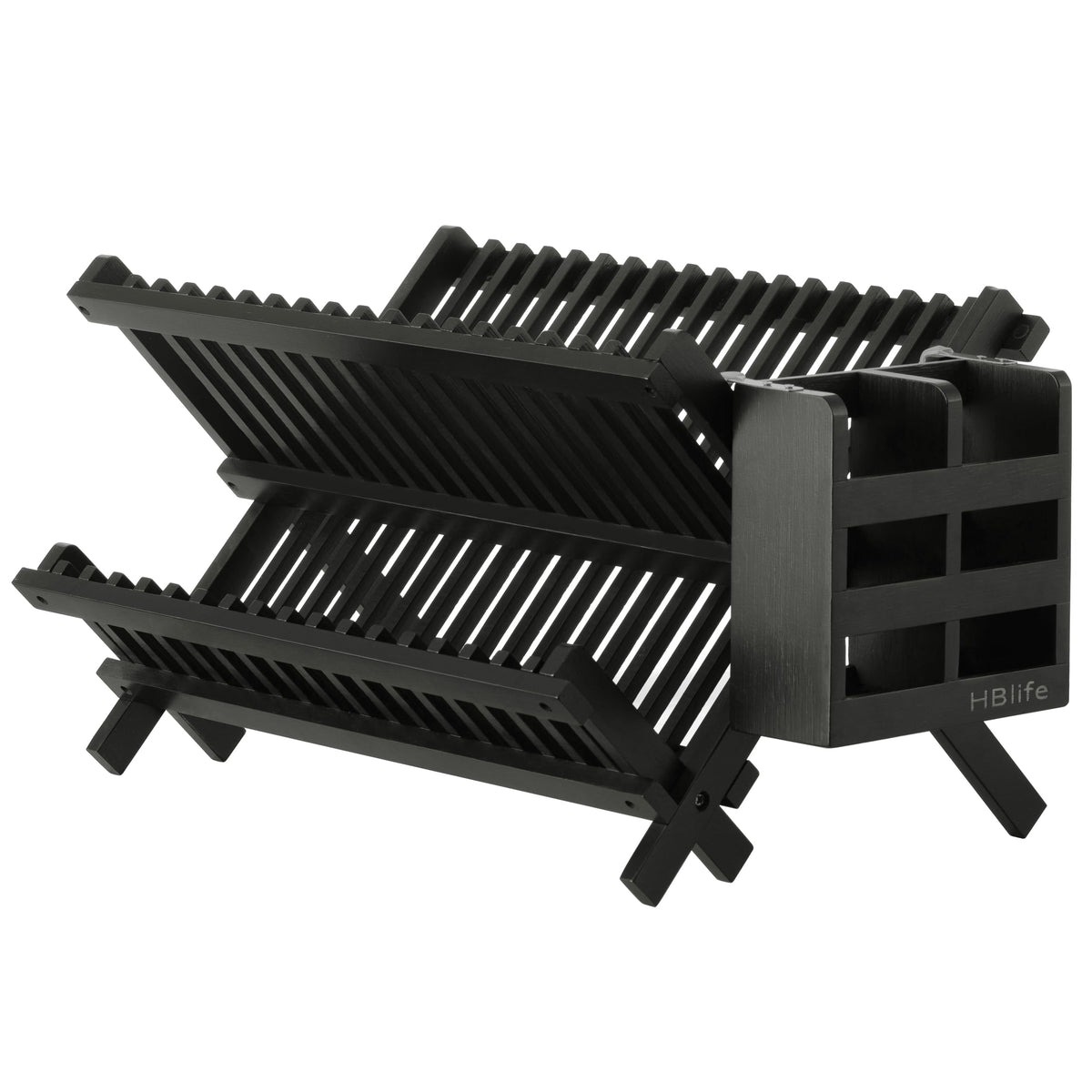 HBlife Dish Rack, Bamboo Folding 2-Tier Collapsible Drainer Dish Drying Rack with Utensils Flatware Holder Set (Dish Rack with Utensil Holder)