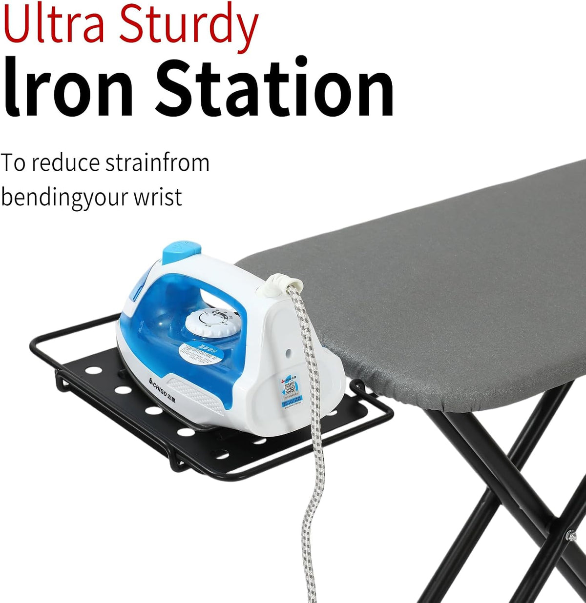 Hanger Iron Board 43" X 13" with Heat Resistant Cover and Thicken Felt Pad, Safety Iron Rest, Anti-Skid Feet, Height Adjustable, Heavy Duty (Grey B)