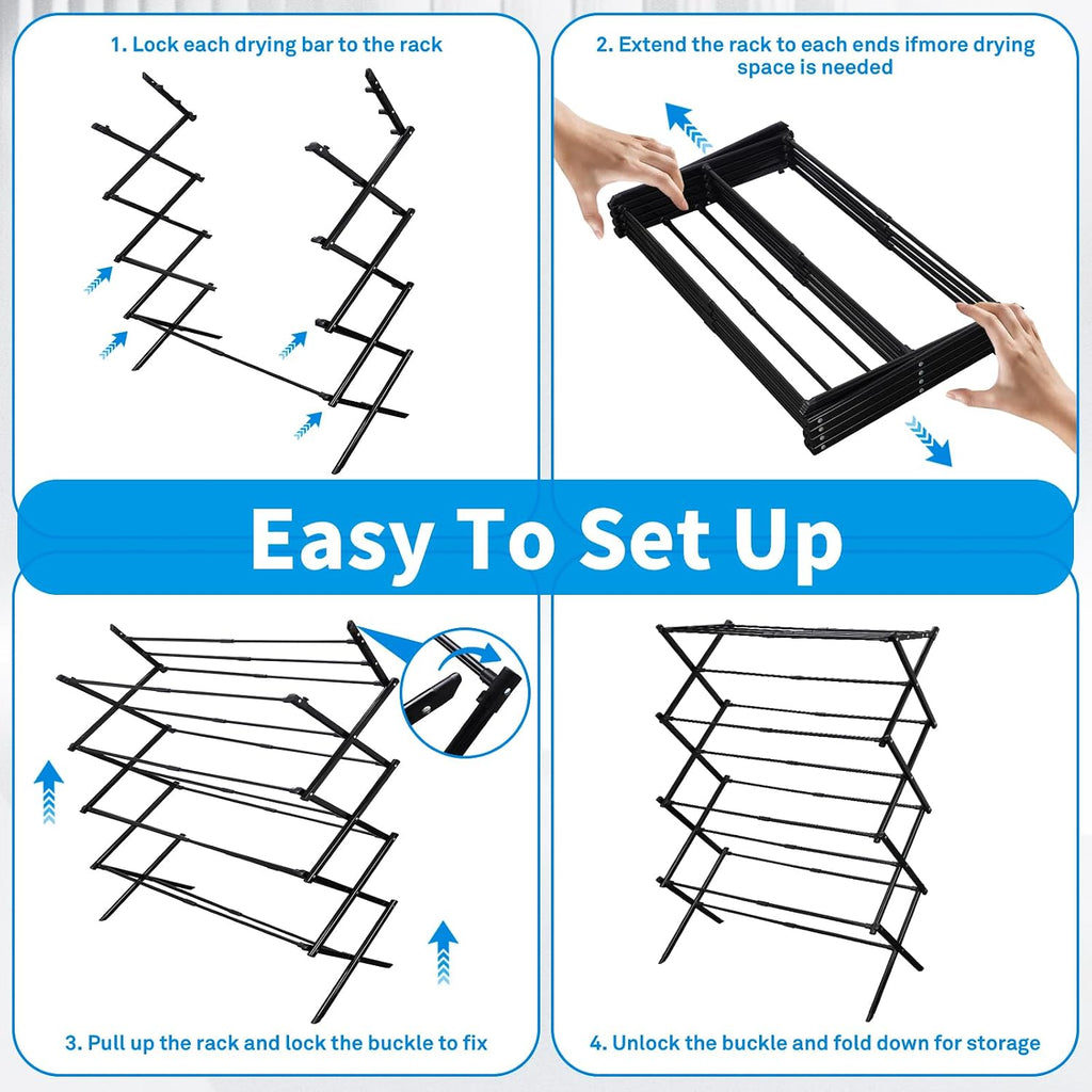 MOYEE 4-Tiers Drying Space, Foldable Clothes Drying Rack, Laundry Drying Rack, Clothes Airer, Steel Frame，Indoor Outdoor Use