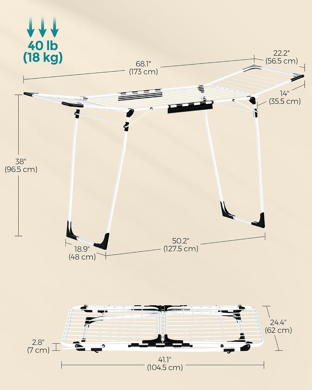 SONGMICS Clothes Drying Rack, Foldable, Heavy Duty, Space Saving