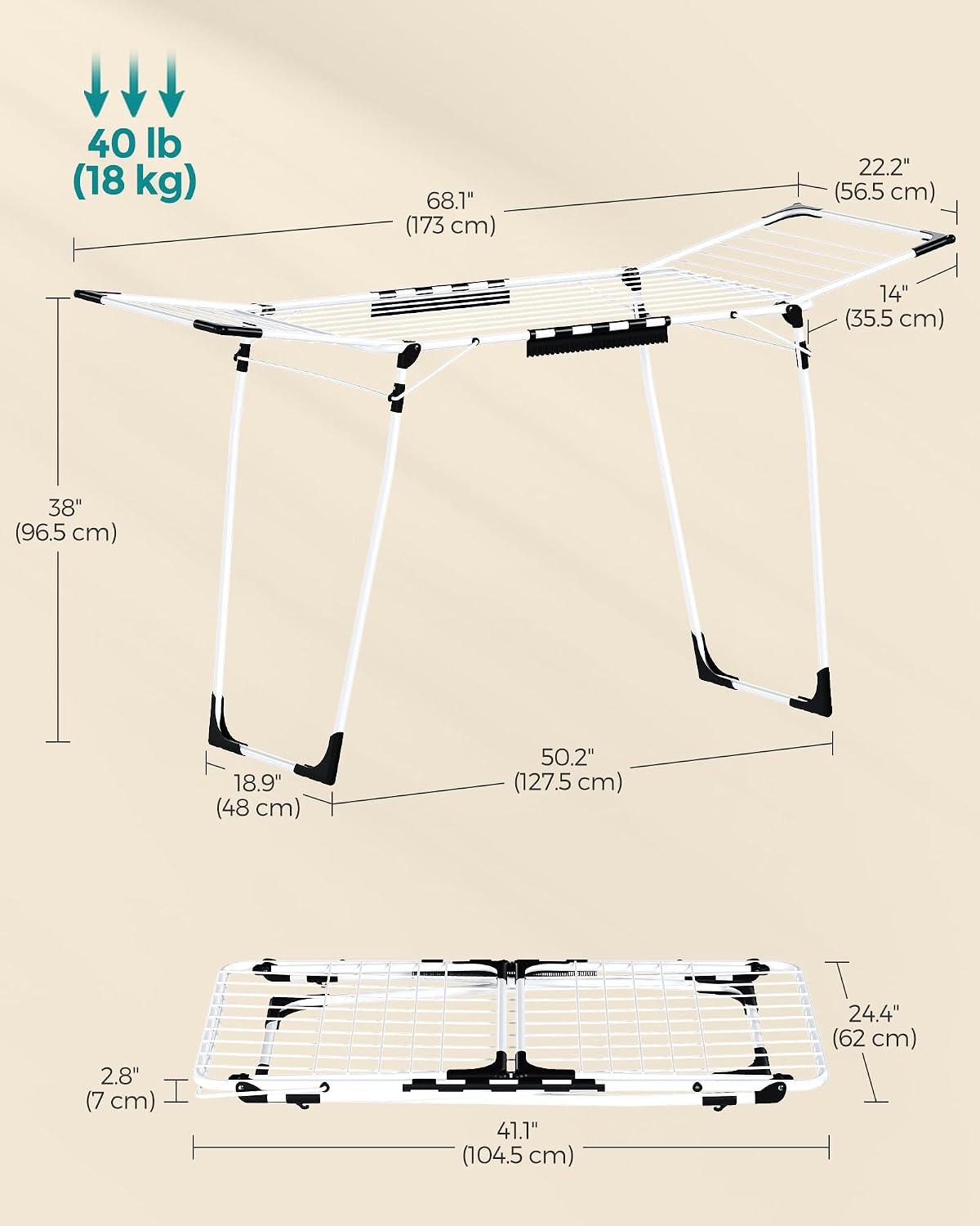 SONGMICS Clothes Drying Rack, Foldable, Heavy Duty, Space Saving