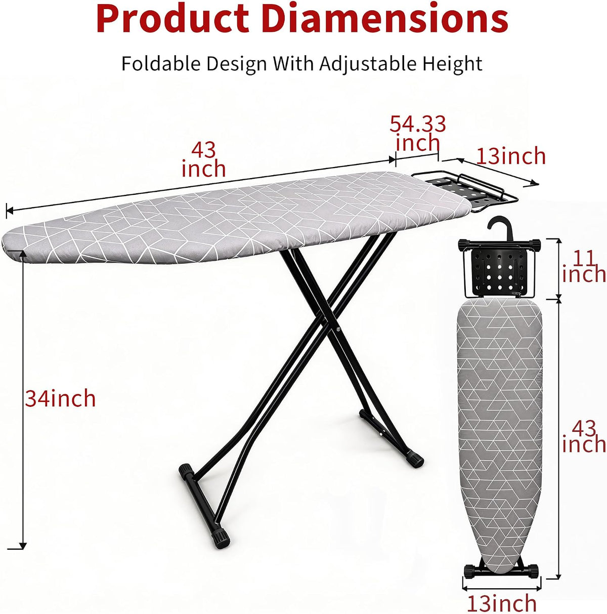 Ironing Board, 43"×13" with Iron Rest, 4 Layer & 7 Adjustable Height Sturdy