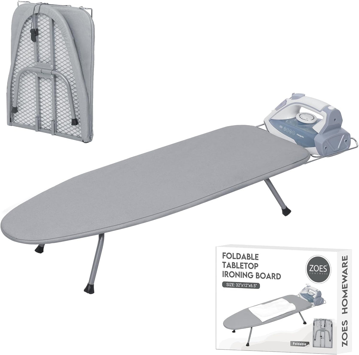 ZOES HOMEWARE Premium Metal Mesh Panel Tabletop Ironing Board Silver