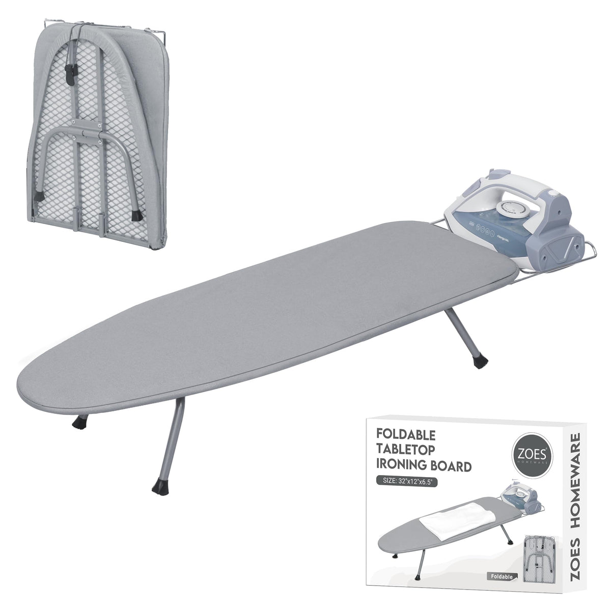 ZOES HOMEWARE Premium Metal Mesh Panel Tabletop Ironing Board Silver