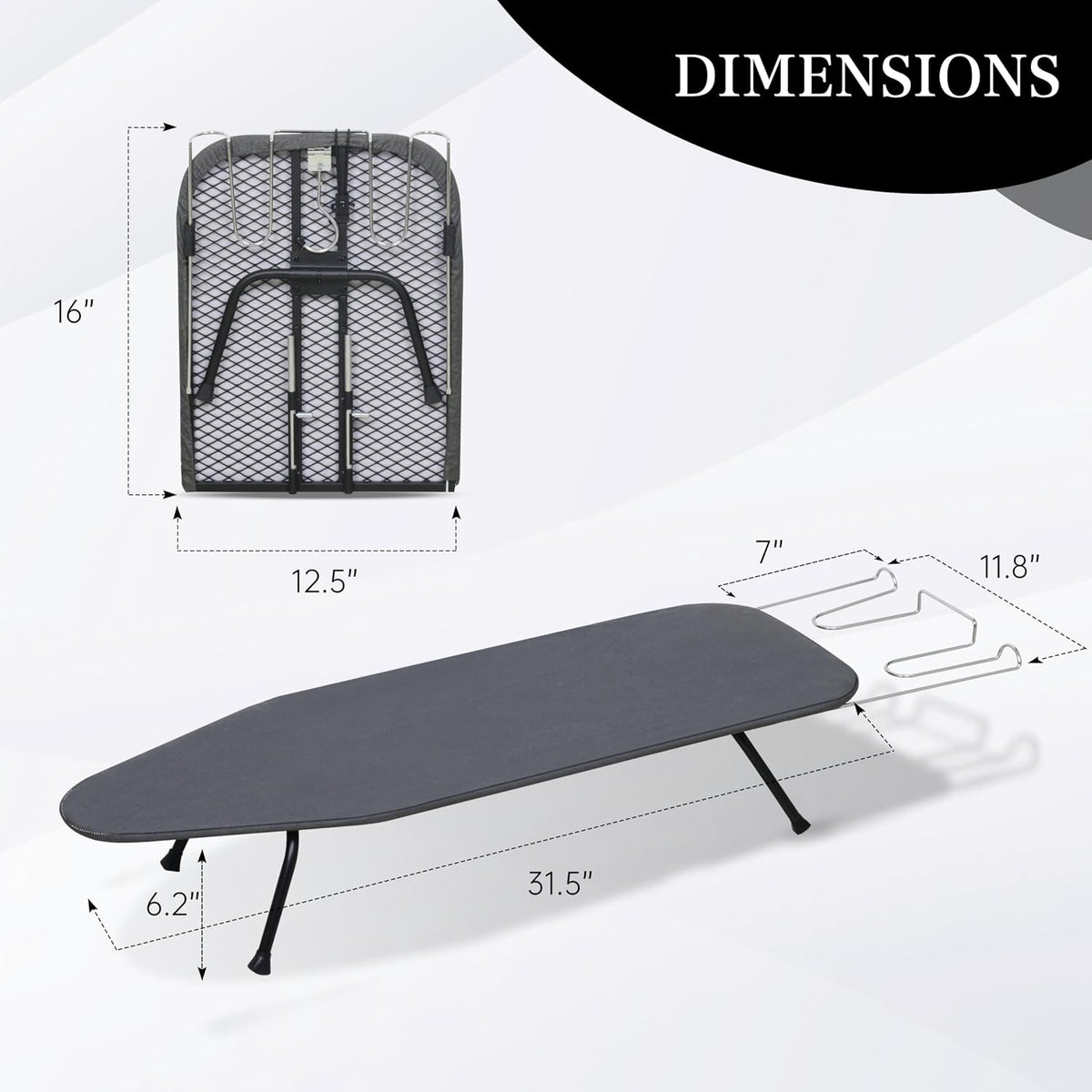 ZOES HOMEWARE Metal Mesh Panel Tabletop Ironing Board | Foldable Iron Board | Heavy Duty Small Iron Board with Heat Resistant Cover and 100% Cotton 8mm Thicken Pad | 31.5"x11.8"x6.2"