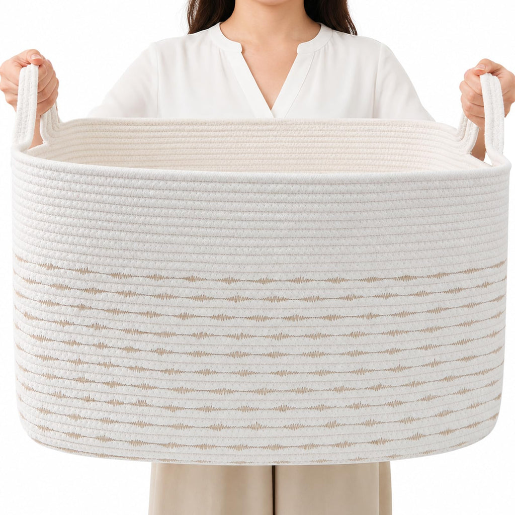 65L Laundry Basket with Handles, Woven Blanket Basket, White/Brown