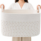 65L Laundry Basket with Handles, Woven Blanket Basket, White/Brown