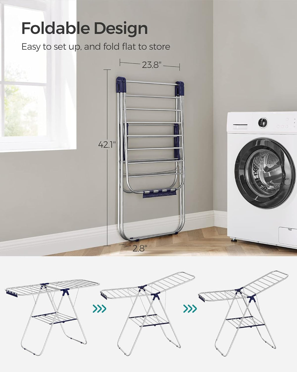 SONGMICS Clothes Drying Rack, Foldable Space-Saving Steel Laundry Rack