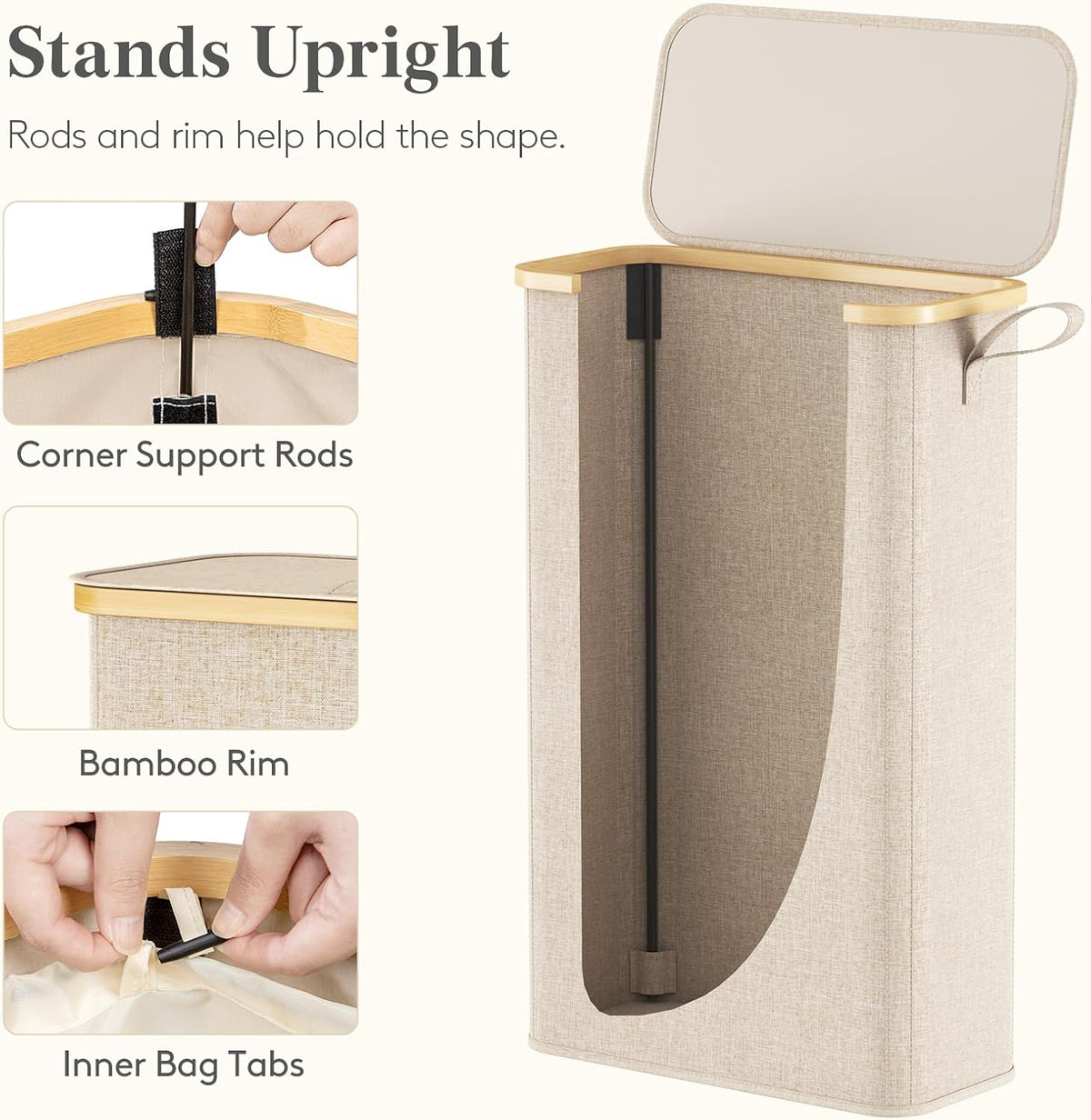 Lifewit 65L Slim Laundry Hamper with Lid and Removable Bag, Beige