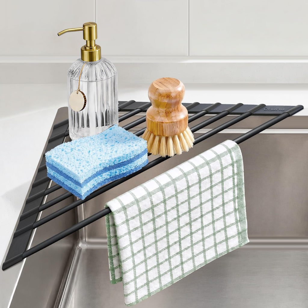 Ohuhu Over Sink Dish Drying Rack Silicone Wrapped 17.6" W x 15.4" L Large Over the Sink Roll Up Dish Drainer - Foldable Sink Drying Rack Rolling Drain Mats Anti-Slip Multipurpose for Kitchen Counter