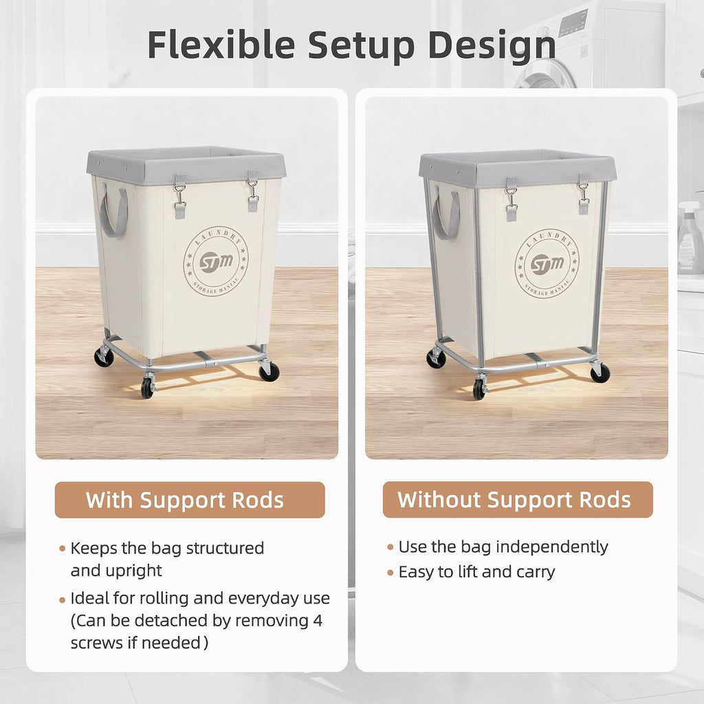 STORAGE MANIAC Commercial Laundry Hamper with Heavy Duty Steel Frame, 160 L Industrial Clothes Basket Cart with Wheels for Big Family, Home, Hotel, Laundry Room, 18''L x 18''W x 31''H, Medium Beige