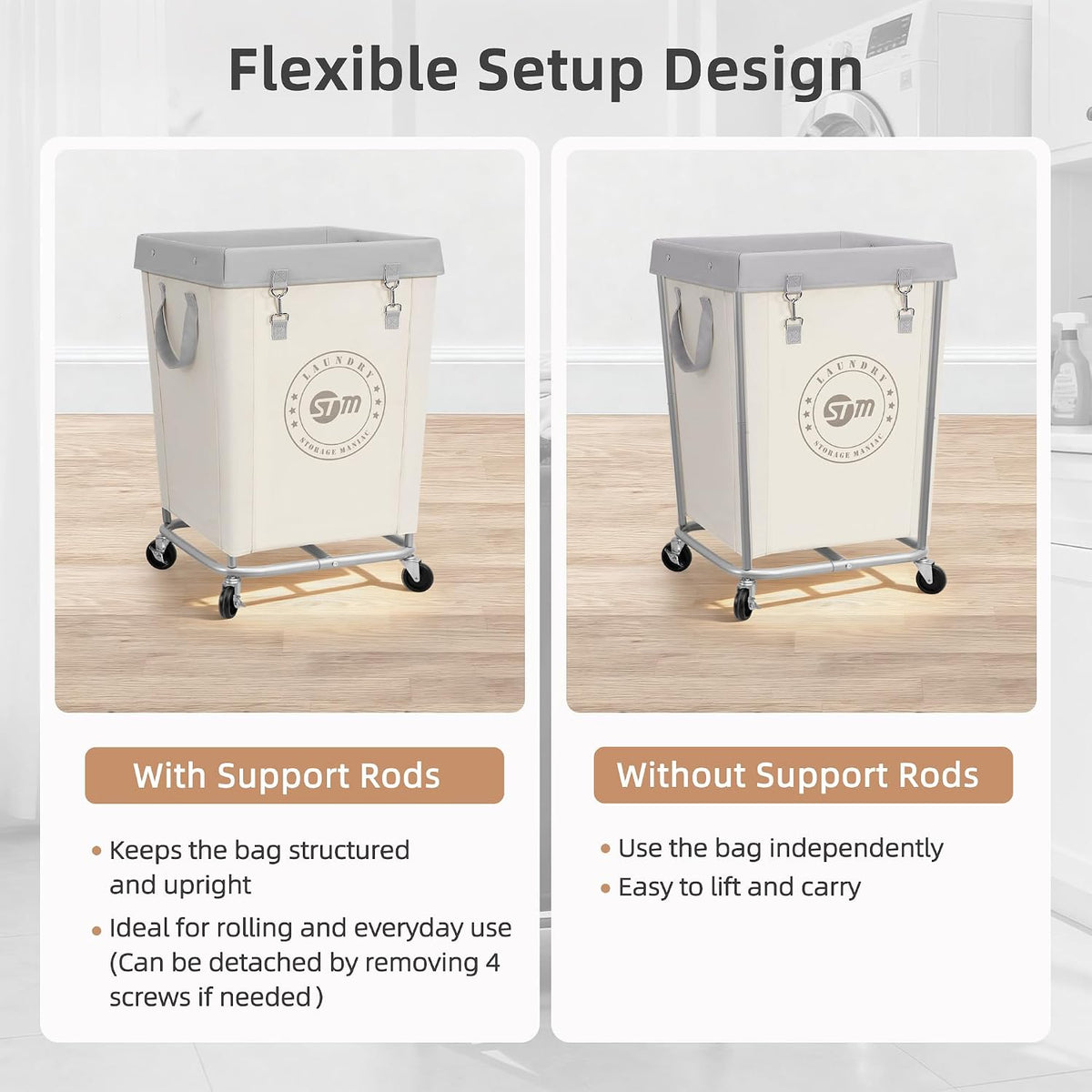 STORAGE MANIAC Commercial Laundry Hamper with Heavy Duty Steel Frame, 160 L Industrial Clothes Basket Cart with Wheels for Big Family, Home, Hotel, Laundry Room, 18''L x 18''W x 31''H, Medium Beige