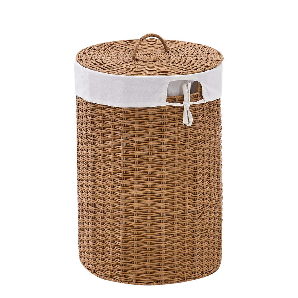 Round Water Hyacinth Laundry Hamper with Lid Handwoven Wicker Basket with Handles for Dirty Clothes, Storage, and Organization Ideal for Bedroom, Bathroom, and Laundry Room, No Assembly Required, 60L