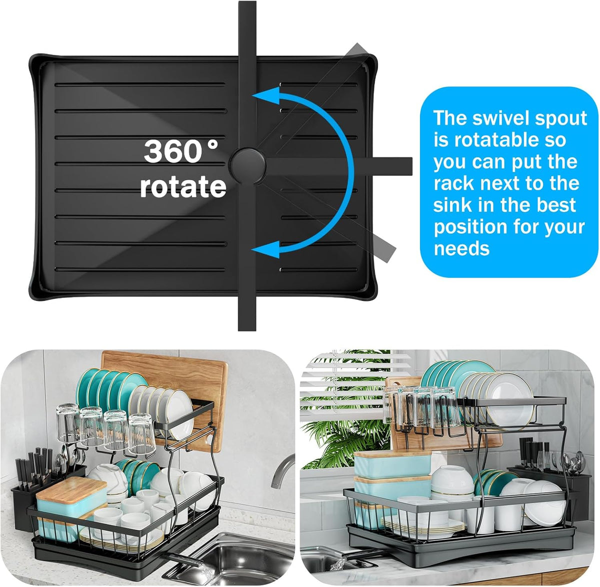7 code 2-Tier Large Dish Drying Rack for Kitchen Counter, Black