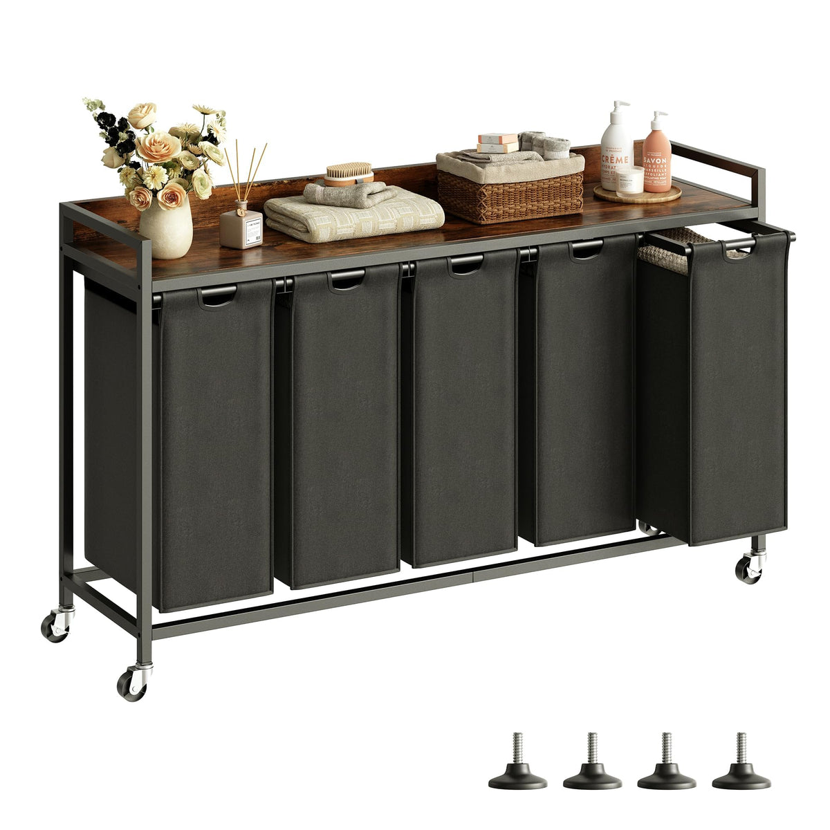 Herture Laundry Hamper with Shelf, Laundry Basket 4 Section, Laundry Sorter with Pull-Out Removable Large 4 Color Bags and Movable Wheels, Metal Frame, 4 x 15.87 Gallons (60L), Rustic Brown PF07XLN