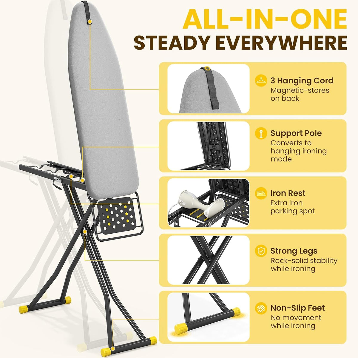 KINGBOARD 2-in-1 Stander & Steam Foldable Ironing Board with Iron Rest