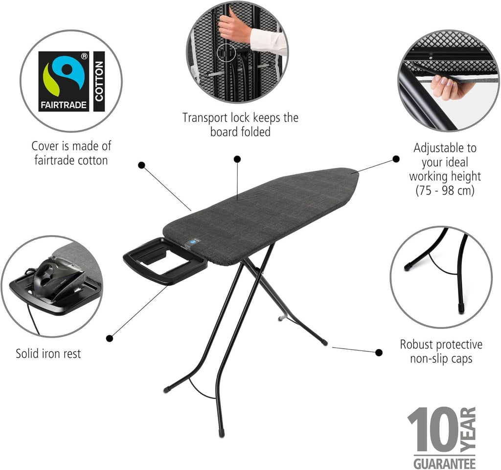 Brabantia XL Comfort Ironing Board with Solid Steam Iron Rest | Large (Size C) | Fairtrade Denim Black Cover | Adjustable Height (27-38"), Easy Fold, Anti-Collapse Lock, Non-Slip Feet