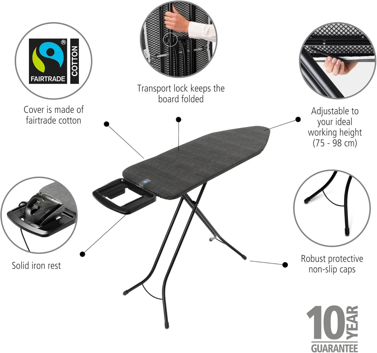 Brabantia XL Comfort Ironing Board with Solid Steam Iron Rest | Large (Size C) | Fairtrade Denim Black Cover | Adjustable Height (27-38"), Easy Fold, Anti-Collapse Lock, Non-Slip Feet