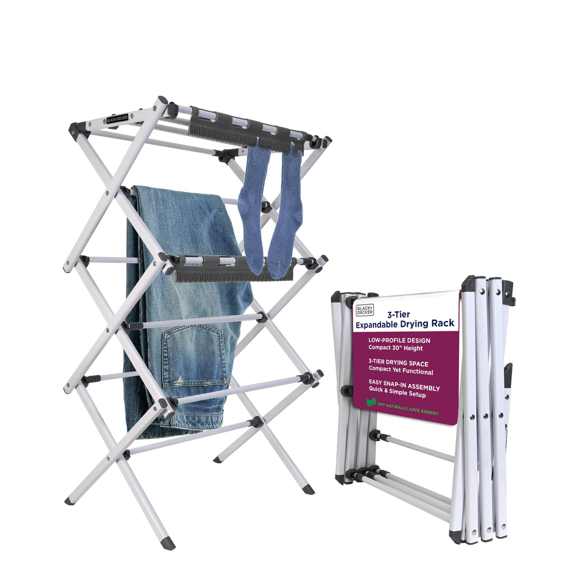 BLACK+DECKER Space Saving 3-Tier Expandable Clothes Drying Rack, Foldable Laundry Rack for Indoor Air Drying, Rust Resistant Steel, 24.6 Ft Drying Space, Grey