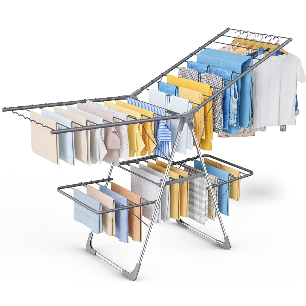 Sakugi Clothes Drying Rack, Foldable 2-Level with 55.5" Adjustable Wings