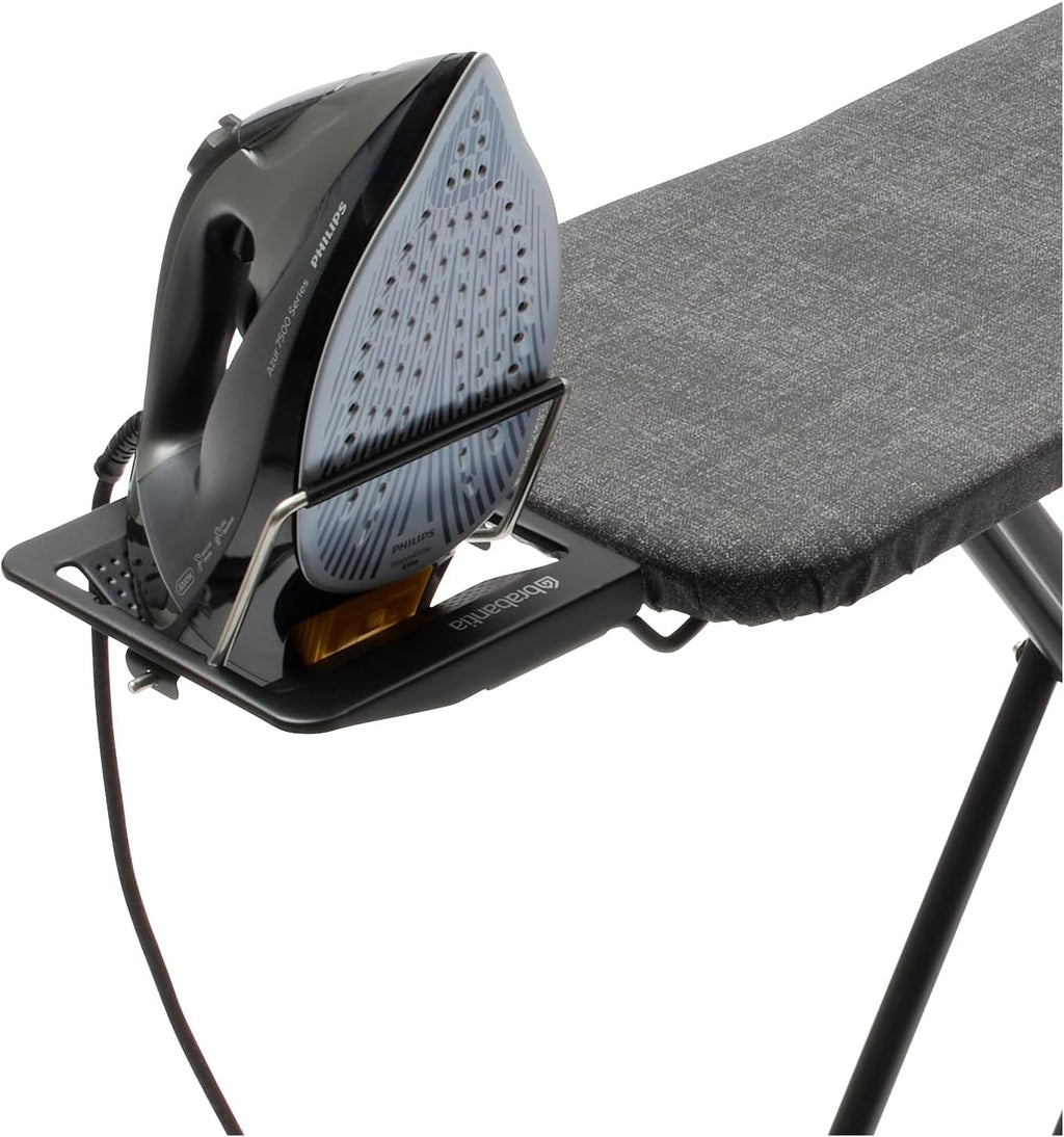 Brabantia Compact Ironing Board with Left/Right Adjustable Steam Iron Rest | Small (Size A) | Fairtrade Denim Gray Cover | Adjustable Height (27-38"), Easy Fold, Anti-Collapse Lock, Non-Slip Feet
