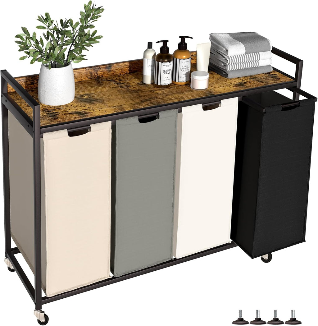 Herture Laundry Hamper with Shelf, Laundry Basket 4 Section, Laundry Sorter with Pull-Out Removable Large 4 Color Bags and Movable Wheels, Metal Frame, 4 x 15.87 Gallons (60L), Rustic Brown PF07XLN