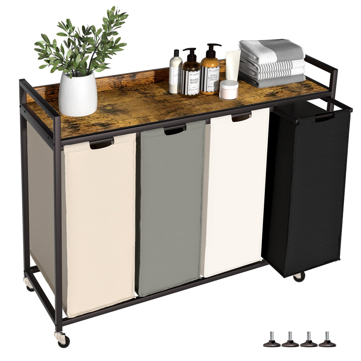 Herture Laundry Hamper with Shelf, Laundry Basket 4 Section, Laundry Sorter with Pull-Out Removable Large 4 Color Bags and Movable Wheels, Metal Frame, 4 x 15.87 Gallons (60L), Rustic Brown PF07XLN