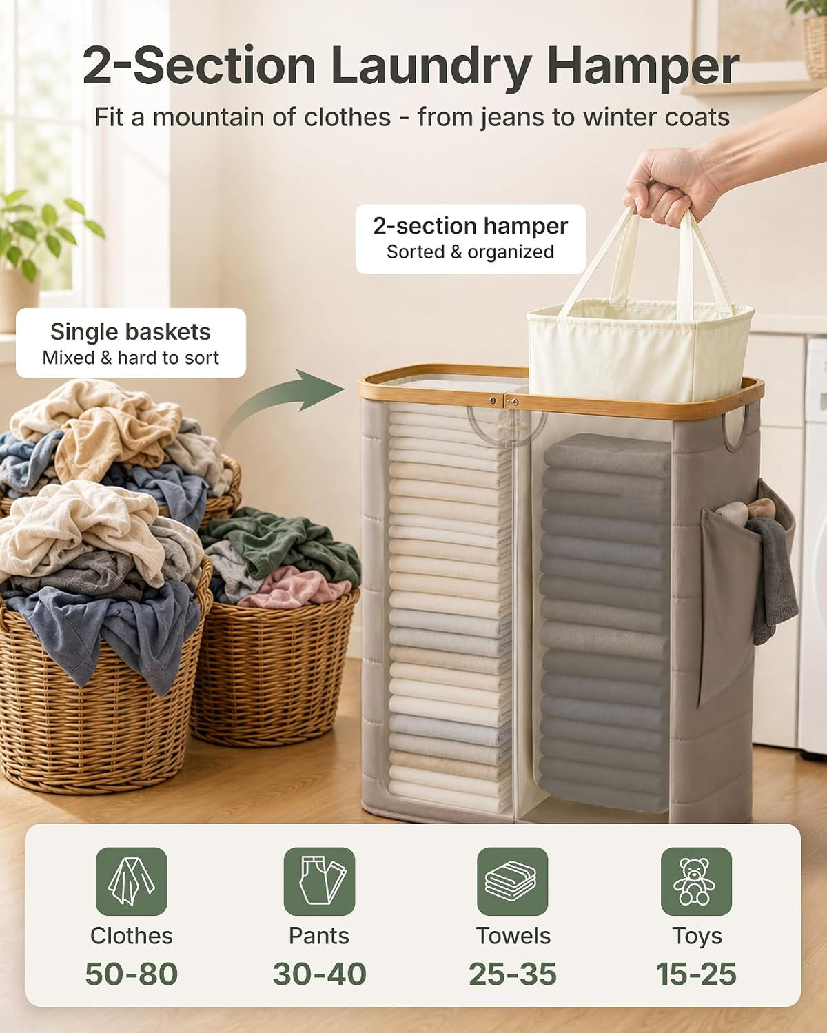MIZATTO 2 Section Laundry Hamper with Lid, 140L Quilted Puffer Basket