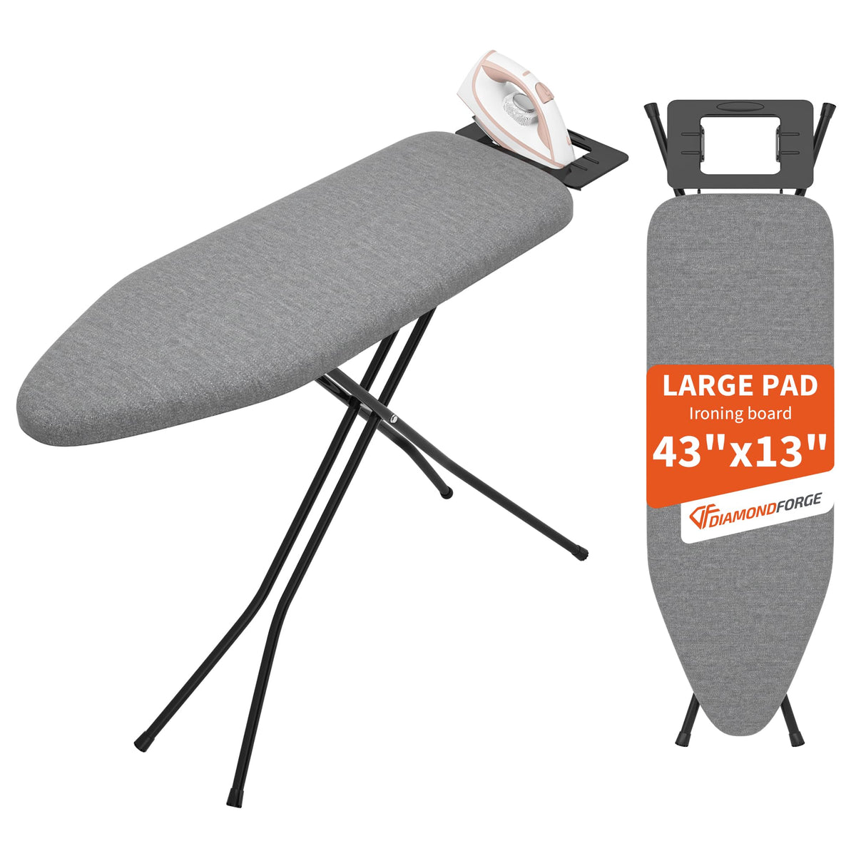 Ironing Board, 43"×13" with Iron Rest, 7 Adjustable Height & Clothes Shelf