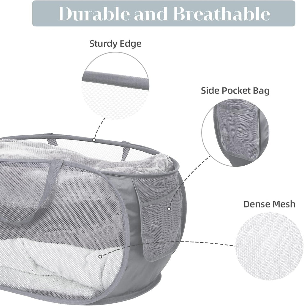 4 Pack Durable Collapsible Laundry Baskets, Mesh Foldable Laundry Basket, Pop Up Laundry Hamper with Pocket, Clothes Hamper with Reinforced Handles for Laundry, Bathroom, Kids Room, Dorm or Travel