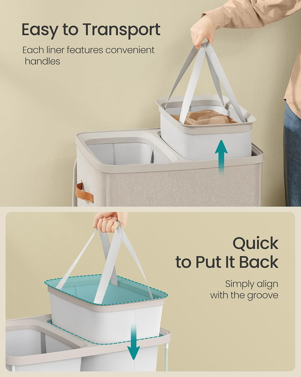 SONGMICS Laundry Basket, 170L Laundry Hamper with Lid, 2 Removable Bags