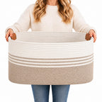 Large Laundry Hamper Basket, 85L Cotton Rope Woven Storage Bin for Blankets, Dirty Clothes Toys, Decorative Tall Basket with Leather Handles for Living Room, Bedroom, Bathroom, Nursery, Jute