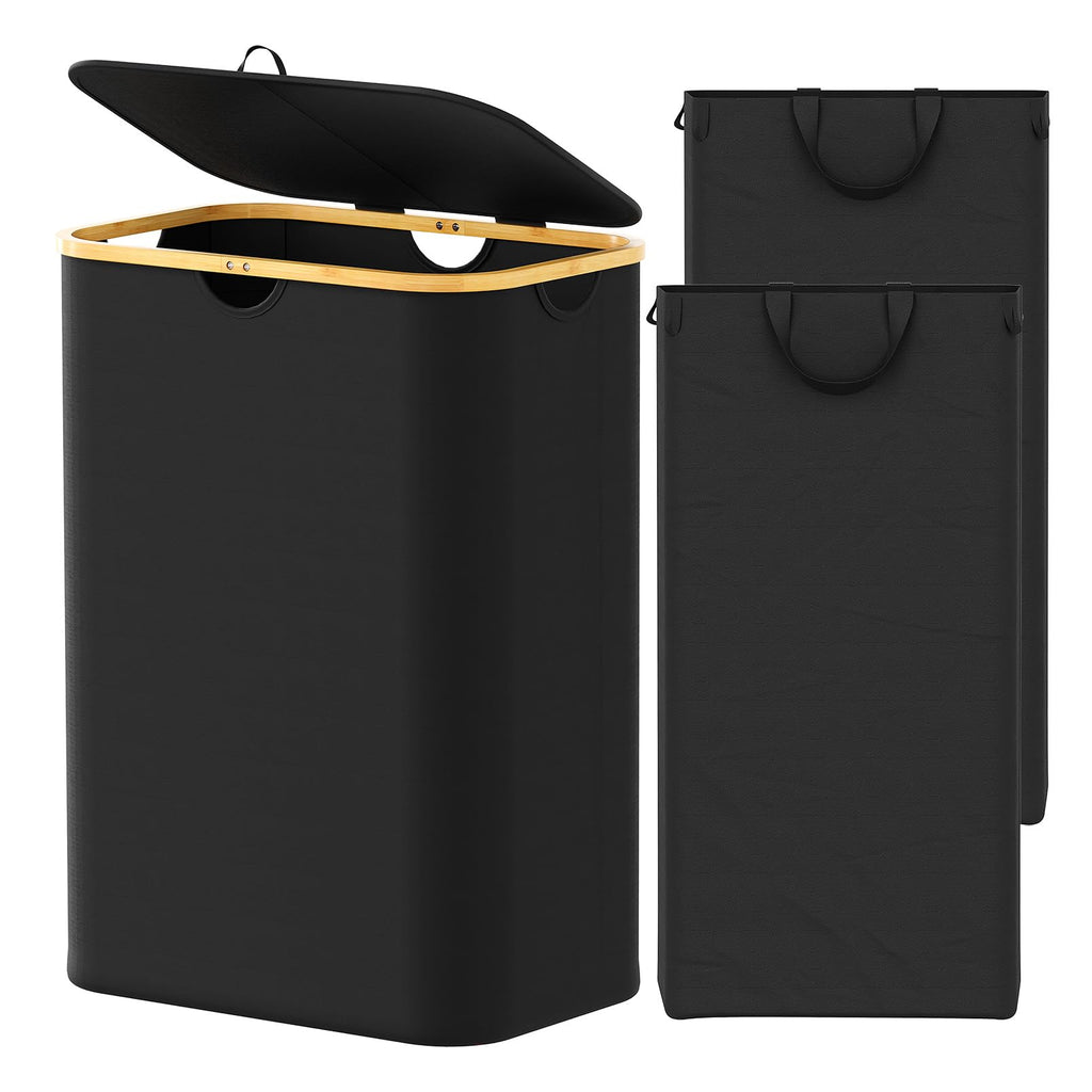 SpaceAid Laundry Hamper with Lid, 110L Large Tall Clothes Basket Bin with Bamboo Handles, Collapsible Laundry Hamper for Bedroom, Bathroom, Dorm, Laundry Room - Black