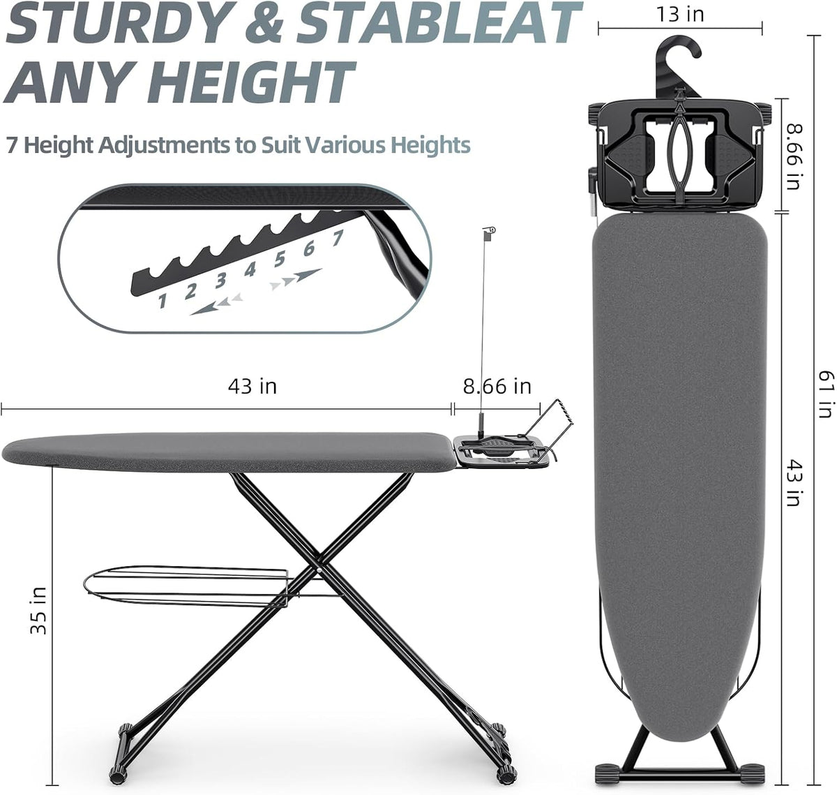 KINGBOARD Multi Functional Ironing Board with Clothes Shelf and Cord Holder