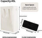 Odonata Slim Laundry Hamper Handles Collapsible Laundry Basket Thin Dirty Clothes Basket Narrow Laundry Bag Foldable Dirty Hamper 45L (Beige)