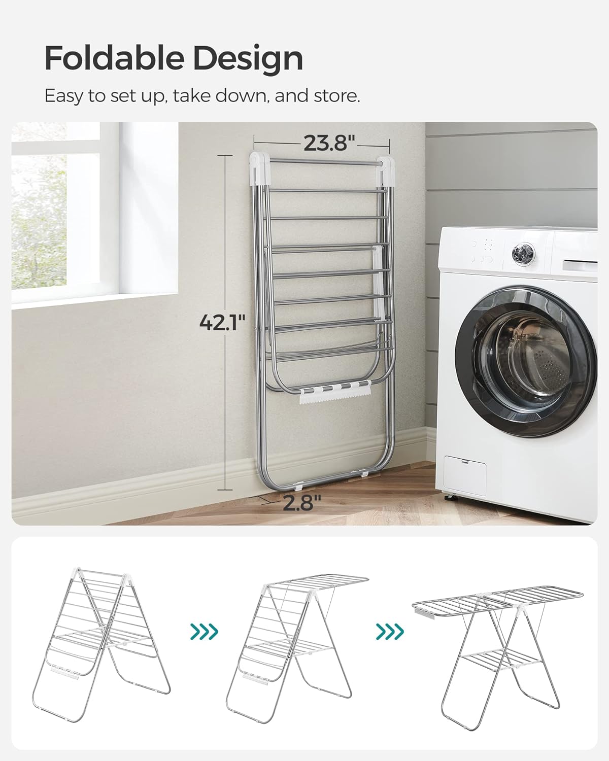 SONGMICS Clothes Drying Rack, Foldable Space-Saving Steel Laundry Rack