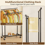 HYSEYY Double Rods Clothes Rack, Rolling Clothing Rack for Hanging Clothes Portable Wardrobe Rack, Metal Garment Rack Sturdy Coat Rack for Bedroom Laundry Living Room, Black