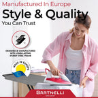 Bartnelli by Rorets Ironing Board Made in Europe | Iron Board with 4 Layered Cover & Pad, Height Adjustable up to 36" Features A Safety Iron Rest, 4 Steel Legs, for Laundry Room or Dorm Use (43x13)