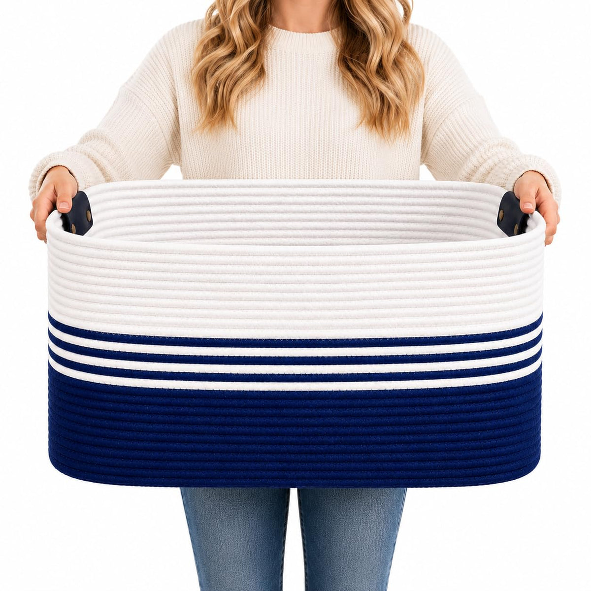 Large Laundry Hamper Basket, 85L Cotton Rope Woven Storage Bin for Blankets, Dirty Clothes Toys, Decorative Tall Basket with Leather Handles for Living Room, Bedroom, Bathroom, Nursery, Jute