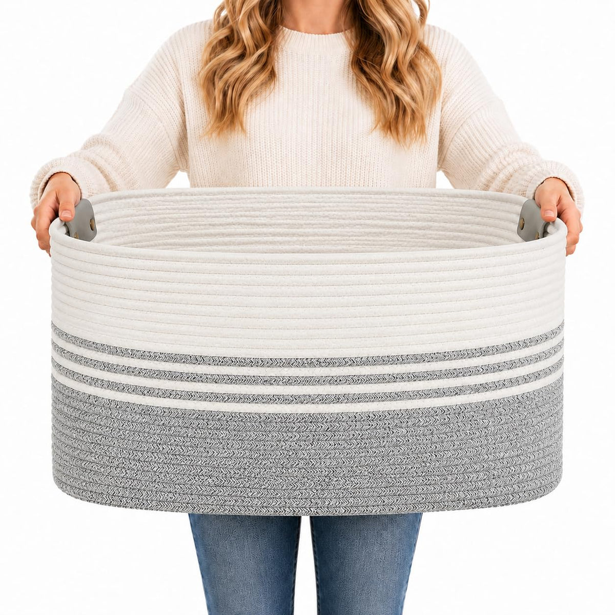 Large Laundry Hamper Basket, 85L Cotton Rope Woven Storage Bin for Blankets, Dirty Clothes Toys, Decorative Tall Basket with Leather Handles for Living Room, Bedroom, Bathroom, Nursery, Jute