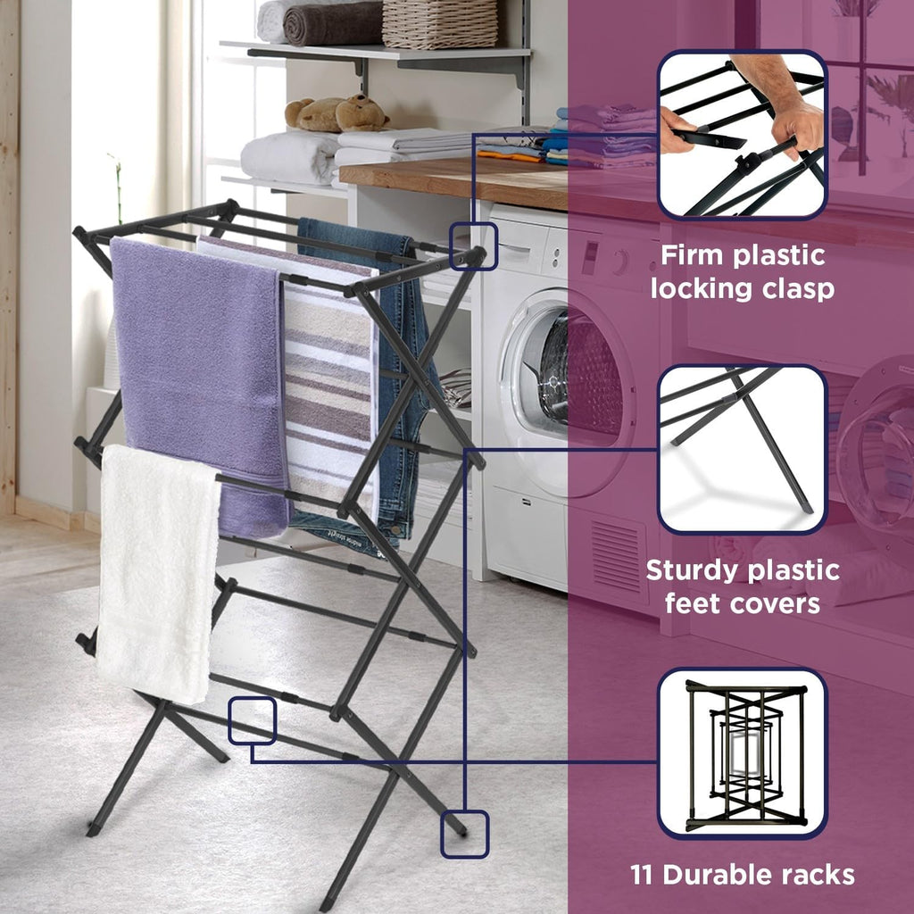 Black+Decker 3 Tier Expandable Collapsing Foldable Laundry Rack for Air Drying Clothing, Space Saving Heavy Duty Lightweight Metal Drying Rack, Black
