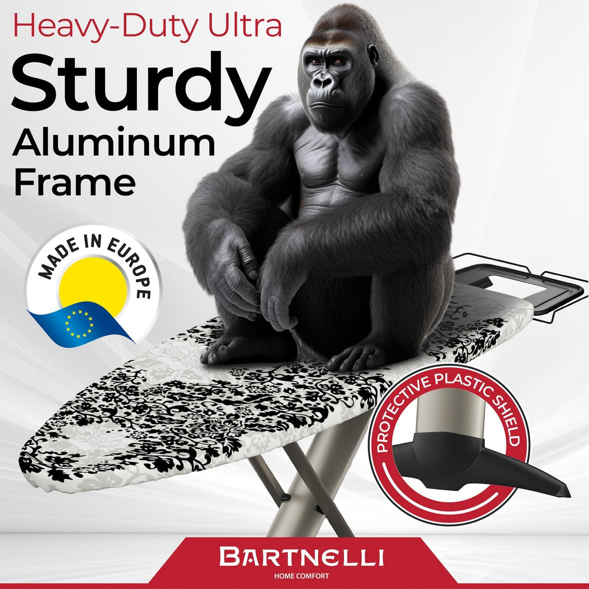 Bartnelli Pro Luxury Ironing Board - Extra Wide 51x19 Ironing Surface, Ultra-Premium Aluminum Build, Includes Steam Iron Rest, Adjustable Height, Foldable, European Made
