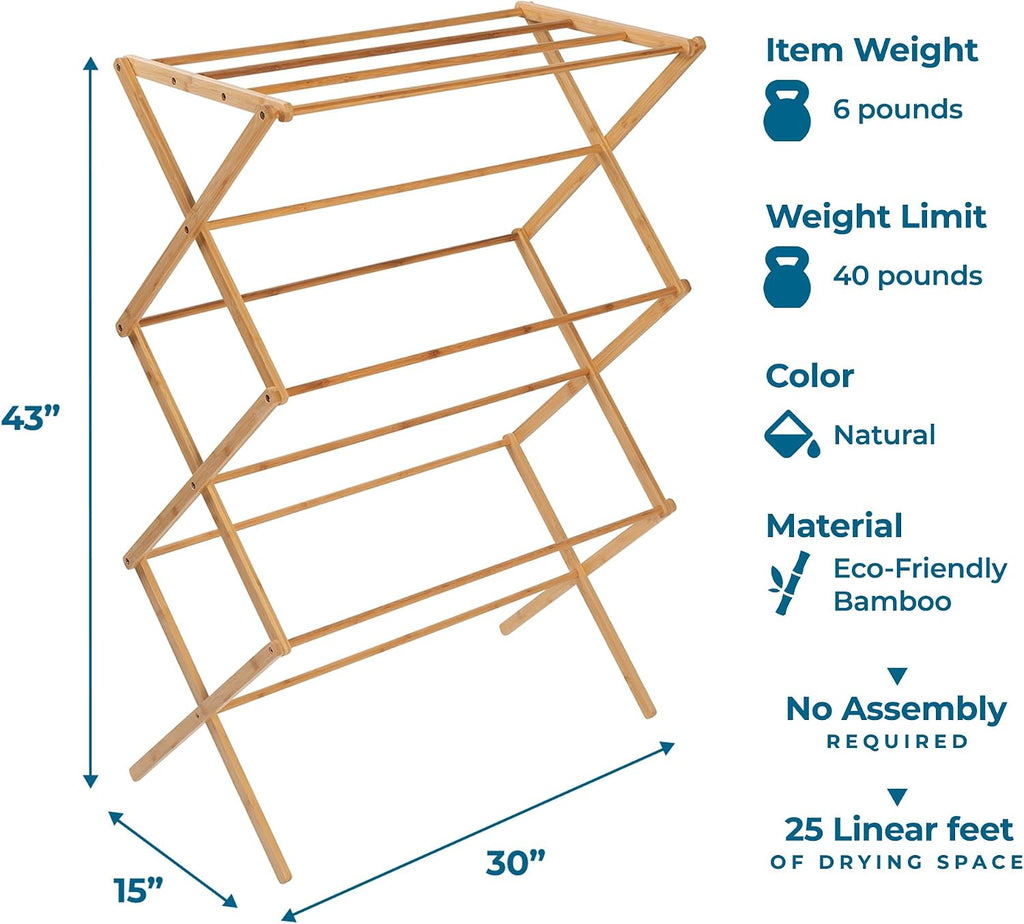Honey-Can-Do Bamboo Collapsible Clothes Drying Rack, 25 Linear Feet