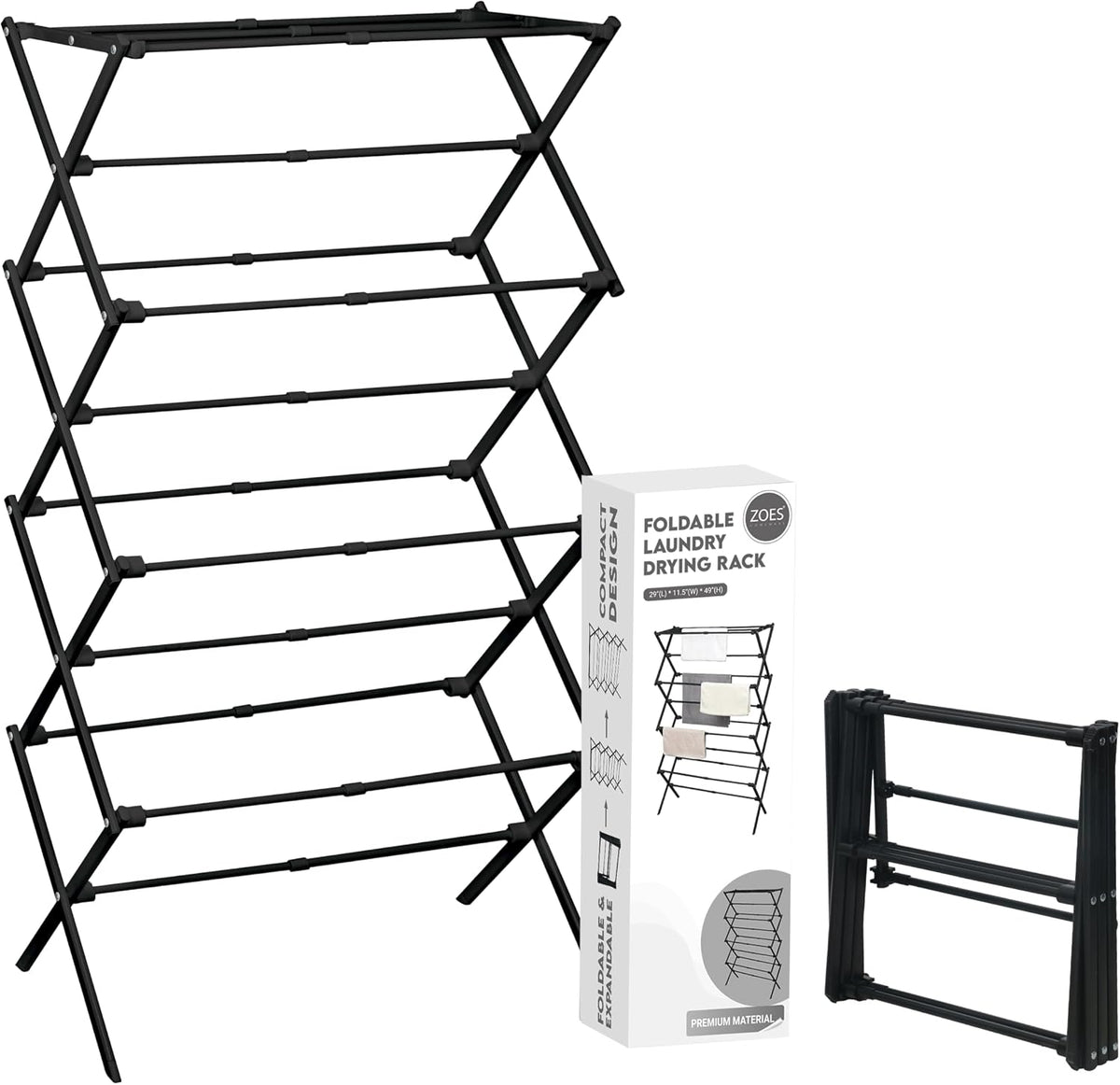 ZOES HOMEWARE 4-Tier Clothes Drying Rack, 4ft High Foldable Drying Rack Clothing for Indoor & Outdoor, Portable Collapsible Laundry Dryer for Laundry Room and Apartment, Black 29" L x 49" H x 11.5" W